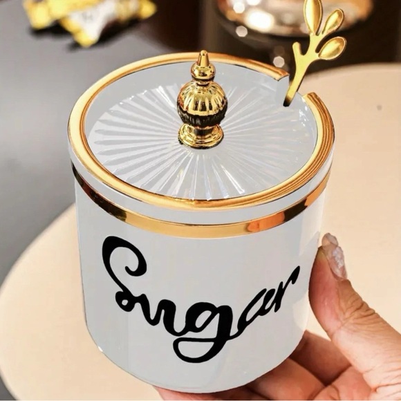 Other - White & Gold 'Sugar' Ceramic Canister with Lid